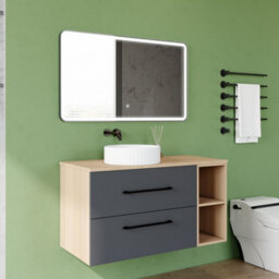 AVER-GROWTH 1000mm Bathroom Vanity Unit With Ceramic Sink 2 Drawer Countertop Basin Wall Hung Matt Grey Oak Bathroom Cabinet Shelves Storage - thumbnail 3