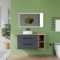 AVER-GROWTH 1000mm Bathroom Vanity Unit With Ceramic Sink 2 Drawer Countertop Basin Wall Hung Matt Grey Oak Bathroom Cabinet Shelves Storage - thumbnail 2
