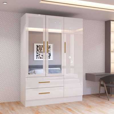 M N Furniture Ltd Modern High Gloss 2, 3 Or 4 Door Wardrobe With Mirror, Shelves, Hanging Rail And Drawers - (White,116Cm) - image 1