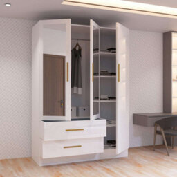 M N Furniture Ltd Modern High Gloss 2, 3 Or 4 Door Wardrobe With Mirror, Shelves, Hanging Rail And Drawers - (White,116Cm) - thumbnail 3