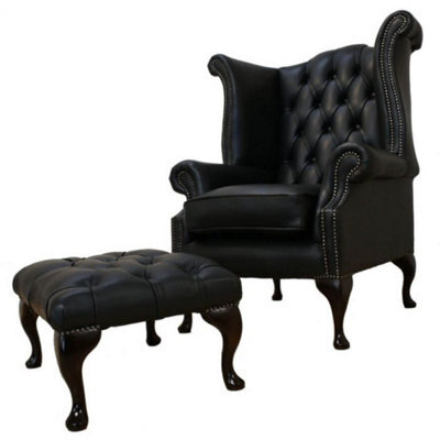 Chesterfield High Back Chair + Footstool Shelly Black Leather In Queen Anne Style - image 1