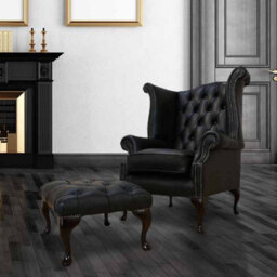 Chesterfield High Back Chair + Footstool Shelly Black Leather In Queen Anne Style - thumbnail 2