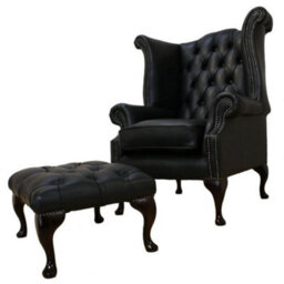 Chesterfield High Back Chair + Footstool Shelly Black Leather In Queen Anne Style - thumbnail 1