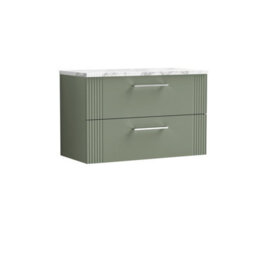 Nuie Deco Wall Hung 2-Drawer Vanity Unit & Bellato Grey Laminate Worktop, Counter Top Vanity Unit In Satin Green, 800mm
