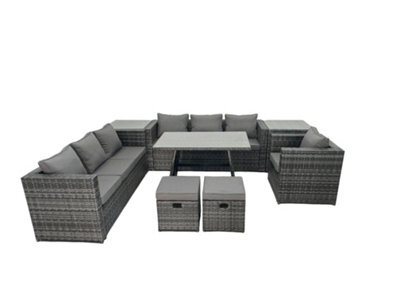Fimous Rattan Dining Table Sofa Set With 2 Side Tables 2 Small Footstools Outdoor 9 Seat Garden Furniture Set Dark Grey Mixed - image 1