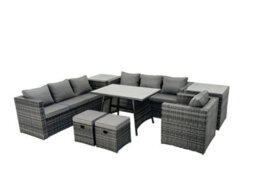 Fimous Rattan Dining Table Sofa Set With 2 Side Tables 2 Small Footstools Outdoor 9 Seat Garden Furniture Set Dark Grey Mixed - thumbnail 2