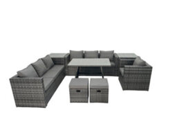 Fimous Rattan Dining Table Sofa Set With 2 Side Tables 2 Small Footstools Outdoor 9 Seat Garden Furniture Set Dark Grey Mixed - thumbnail 1