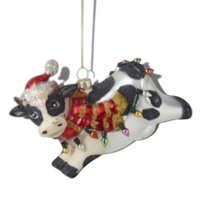 Heaven Sends Christmas Festive Glass Cow Hanging Tree Decoration With Santa Hat And Gold Twine, 11 X 8 Cm