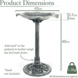 Garden Bird Bath Resin Leaf Birdbath With Rustic Metal Effect H60Cm Grey Christow - thumbnail 6