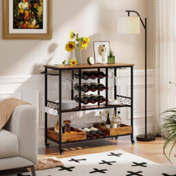 Costway 3 Tiers Kitchen Bar Cart Home Serving Cart On Wheels W/ Glass Racks - thumbnail 8