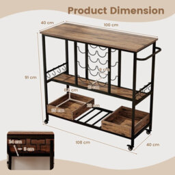 Costway 3 Tiers Kitchen Bar Cart Home Serving Cart On Wheels W/ Glass Racks - thumbnail 3