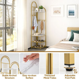 Costway 180Cm Tall Corner Hall Tree 4-Tier Coat Rack Entryway Shoes Shelf Organizer White & Gold - thumbnail 7