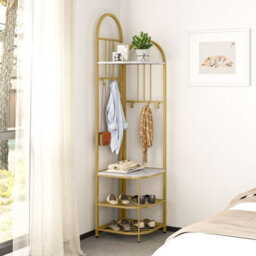Costway 180Cm Tall Corner Hall Tree 4-Tier Coat Rack Entryway Shoes Shelf Organizer White & Gold - thumbnail 4