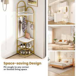 Costway 180Cm Tall Corner Hall Tree 4-Tier Coat Rack Entryway Shoes Shelf Organizer White & Gold - thumbnail 9
