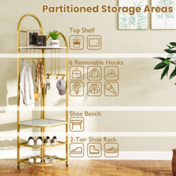 Costway 180Cm Tall Corner Hall Tree 4-Tier Coat Rack Entryway Shoes Shelf Organizer White & Gold - thumbnail 6