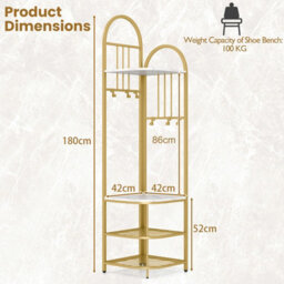 Costway 180Cm Tall Corner Hall Tree 4-Tier Coat Rack Entryway Shoes Shelf Organizer White & Gold - thumbnail 3