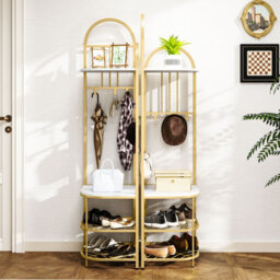 Costway 180Cm Tall Corner Hall Tree 4-Tier Coat Rack Entryway Shoes Shelf Organizer White & Gold - thumbnail 5