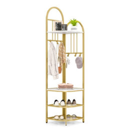 Costway 180Cm Tall Corner Hall Tree 4-Tier Coat Rack Entryway Shoes Shelf Organizer White & Gold - thumbnail 2