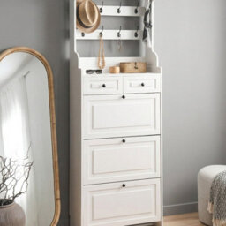 Wyld And Coco Tall White Shoe Cabinet 12-Pair, Drawers, Hooks, Wall-Mountable - 70 X 30 X 200 Cm - thumbnail 2