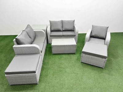 Fimous High Back Poly Rattan Garden Furniture Set Reclining Chair Loveseat Sofa Coffee Table Indoor Outdoor Set 2 Big Stool - image 1