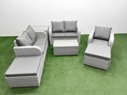 Fimous High Back Poly Rattan Garden Furniture Set Reclining Chair Loveseat Sofa Coffee Table Indoor Outdoor Set 2 Big Stool - thumbnail 1