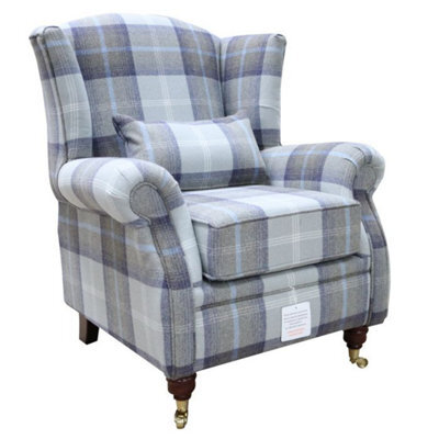 Wing Chair Original Fireside High Back Armchair P And S Balmoral Oxford Blue Check Real Fabric - image 1