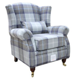Wing Chair Original Fireside High Back Armchair P And S Balmoral Oxford Blue Check Real Fabric - thumbnail 1