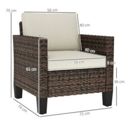 Outsunny Single Rattan Chair, Garden Armchair With Cushions, Brown - thumbnail 3