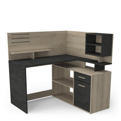 FurniComp LTD Furnicomp Jade 1 Door 1 Drawer Black And Oak L Shaped Corner Office Desk With Hutch - image 1