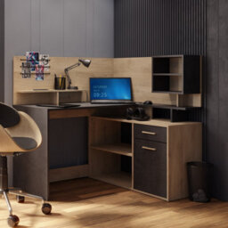 FurniComp LTD Furnicomp Jade 1 Door 1 Drawer Black And Oak L Shaped Corner Office Desk With Hutch - thumbnail 6