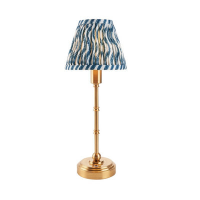 Luminosa Lighting Luminosa Burley Rechargeable Brushed Aged Brass Plate Table Lamp With Marlin Blue Fabric Ripple Shade 16Cm Integrated Led