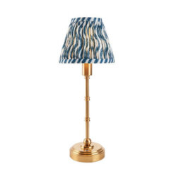 Luminosa Lighting Luminosa Burley Rechargeable Brushed Aged Brass Plate Table Lamp With Marlin Blue Fabric Ripple Shade 16Cm Integrated Led