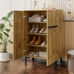 Abrihome 95X60X34.5 Cm, Modern Double-Door Shoe Cabinet With Adjustable Shelves, Space-Saving Hallway Cabinet, Black & Wood - thumbnail 9