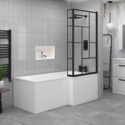Royal Bathrooms Qubix 1600 X 850mm Acrylic Right Hand L-Shaped Shower Bathtub With Front Panel & Matt Black Abstract Grid Framed Screen - thumbnail 3