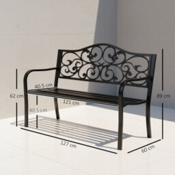 Outsunny Metal Garden Bench, Outdoor Bench With Floral Back, Black - thumbnail 3