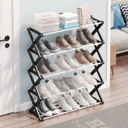 Darphe Black 5 Tier Foldable Metal Shoe Rack With X-Frame For 15 Pairs - thumbnail 1