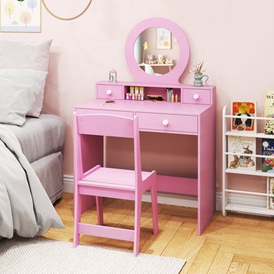 Costway Kids Vanity Set Princess Makeup Dressing Desk And Chair W/ Mirror-Pink - image 1