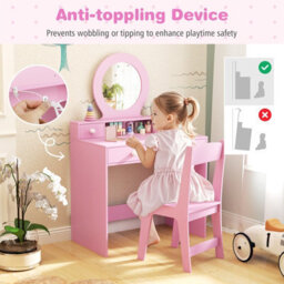 Costway Kids Vanity Set Princess Makeup Dressing Desk And Chair W/ Mirror-Pink - thumbnail 8