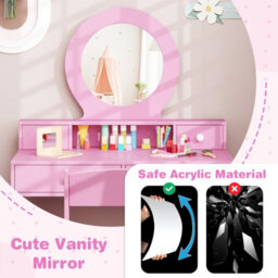 Costway Kids Vanity Set Princess Makeup Dressing Desk And Chair W/ Mirror-Pink - thumbnail 7