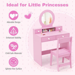 Costway Kids Vanity Set Princess Makeup Dressing Desk And Chair W/ Mirror-Pink - thumbnail 9