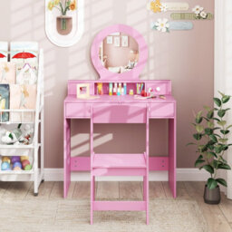 Costway Kids Vanity Set Princess Makeup Dressing Desk And Chair W/ Mirror-Pink - thumbnail 4