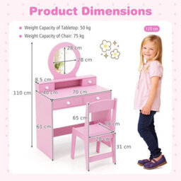 Costway Kids Vanity Set Princess Makeup Dressing Desk And Chair W/ Mirror-Pink - thumbnail 3