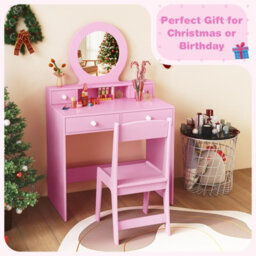 Costway Kids Vanity Set Princess Makeup Dressing Desk And Chair W/ Mirror-Pink - thumbnail 5
