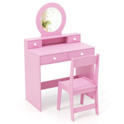Costway Kids Vanity Set Princess Makeup Dressing Desk And Chair W/ Mirror-Pink - thumbnail 2