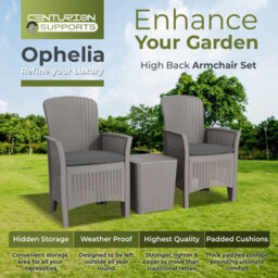 Homeology Ophelia 3-Piece Rattan Garden Furniture High Back Armchair Set With Side Table In Grey - thumbnail 3