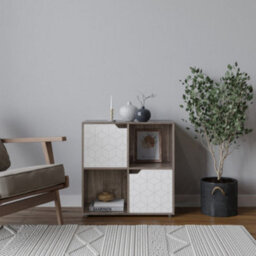 Urbn-Living Urbnliving 61Cm Height 4 Cubes Antique Oak Wooden Bookcase Display Shelf Storage Cabinet With Modern Geo White Door