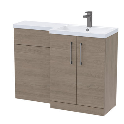 Balterley Right-Hand Bathroom Vanity And Wc Unit Combination With Basin - 1100mm - Woodgrain Mid Oak With Brushed Pewter Handles