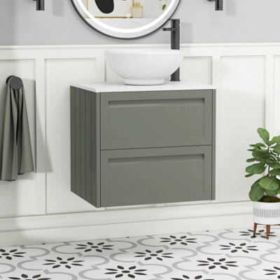 Royal Bathrooms Royal Bathroom Elmore 600mm Matt Green Wall Mounted Bathroom Vanity Unit 2 Drawer Plain White Worktop With Breeze Basin - image 1