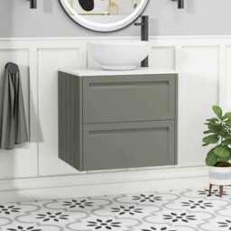 Royal Bathrooms Royal Bathroom Elmore 600mm Matt Green Wall Mounted Bathroom Vanity Unit 2 Drawer Plain White Worktop With Breeze Basin - thumbnail 1
