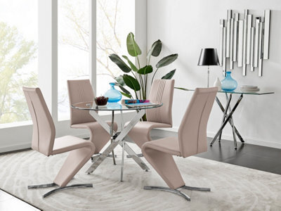 Furniturebox Novara Clear Tempered Glass 100Cm Round Dining Table With Chrome Starburst Legs & 4 Beige Willow Faux Leather Chairs - image 1